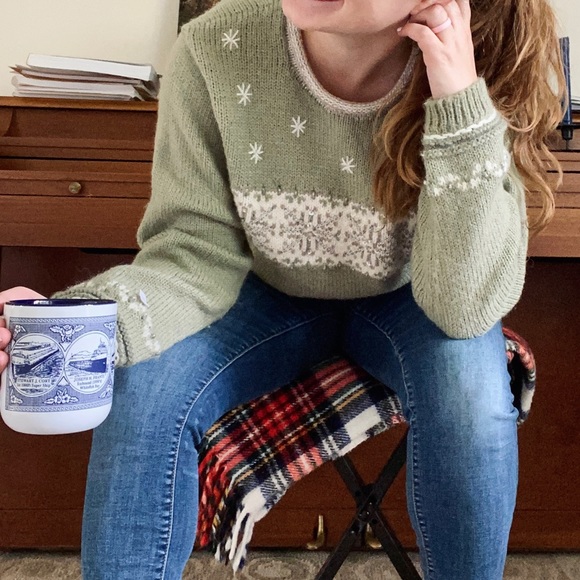 Vintage Sweaters - vtg NECKWORKS Soft Green Fair Isle Alpaca Sweater